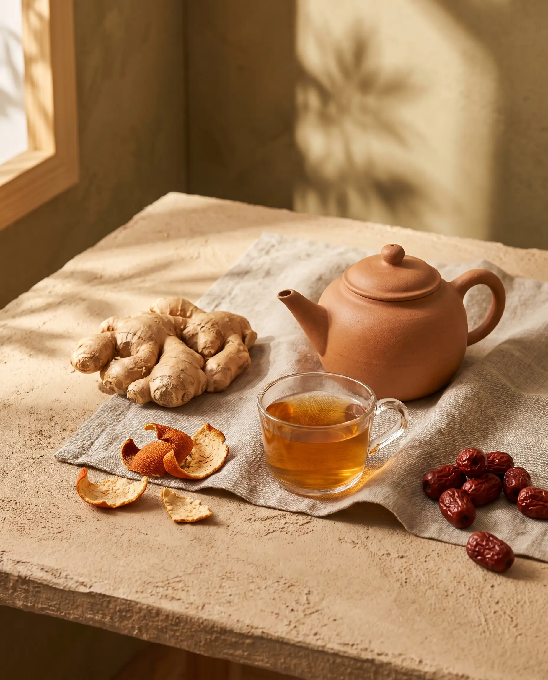 Ginger root, clay teapot and herbal tea