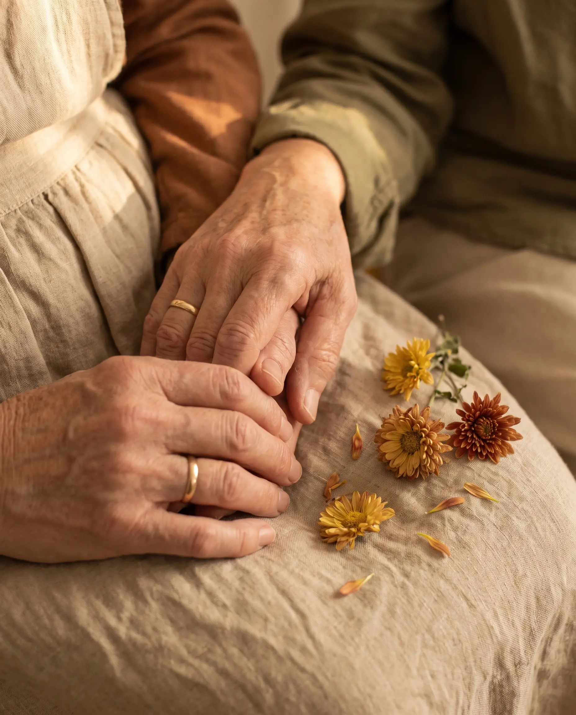 A couple's hands intertwined on linen