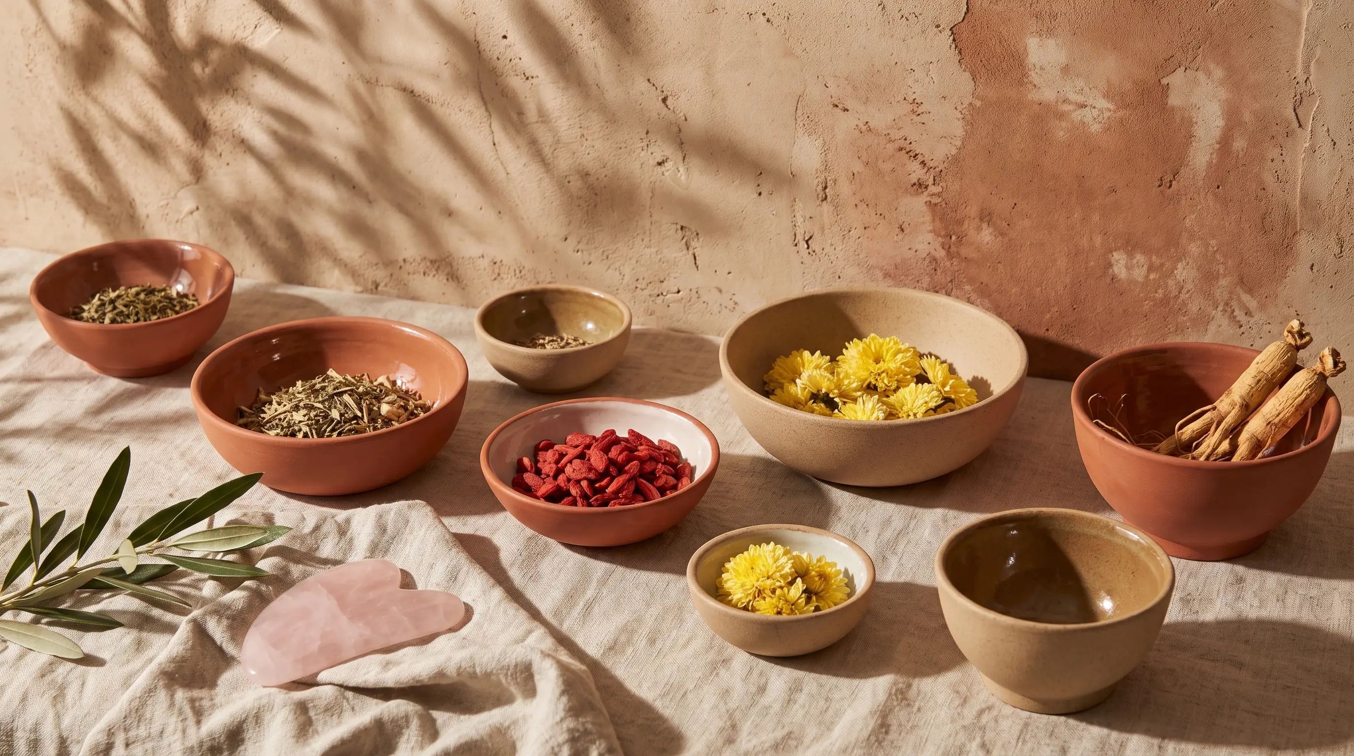Clay bowls of dried herbs, goji and chrysanthemum