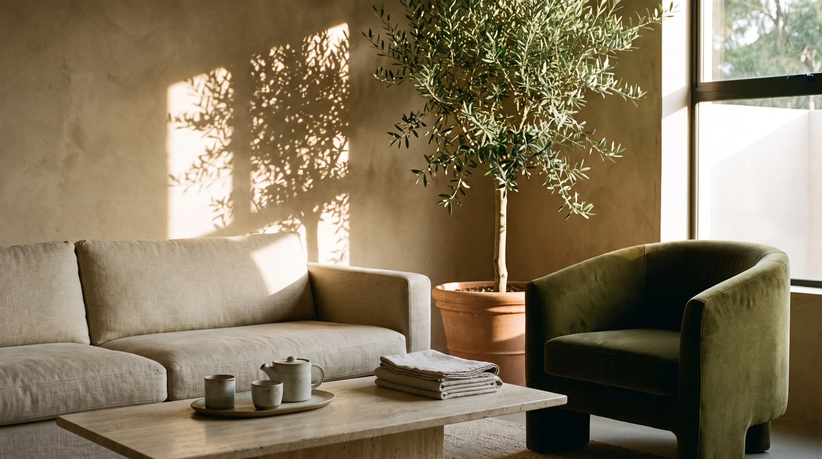 Calm lounge with linen sofa, olive tree and tea set