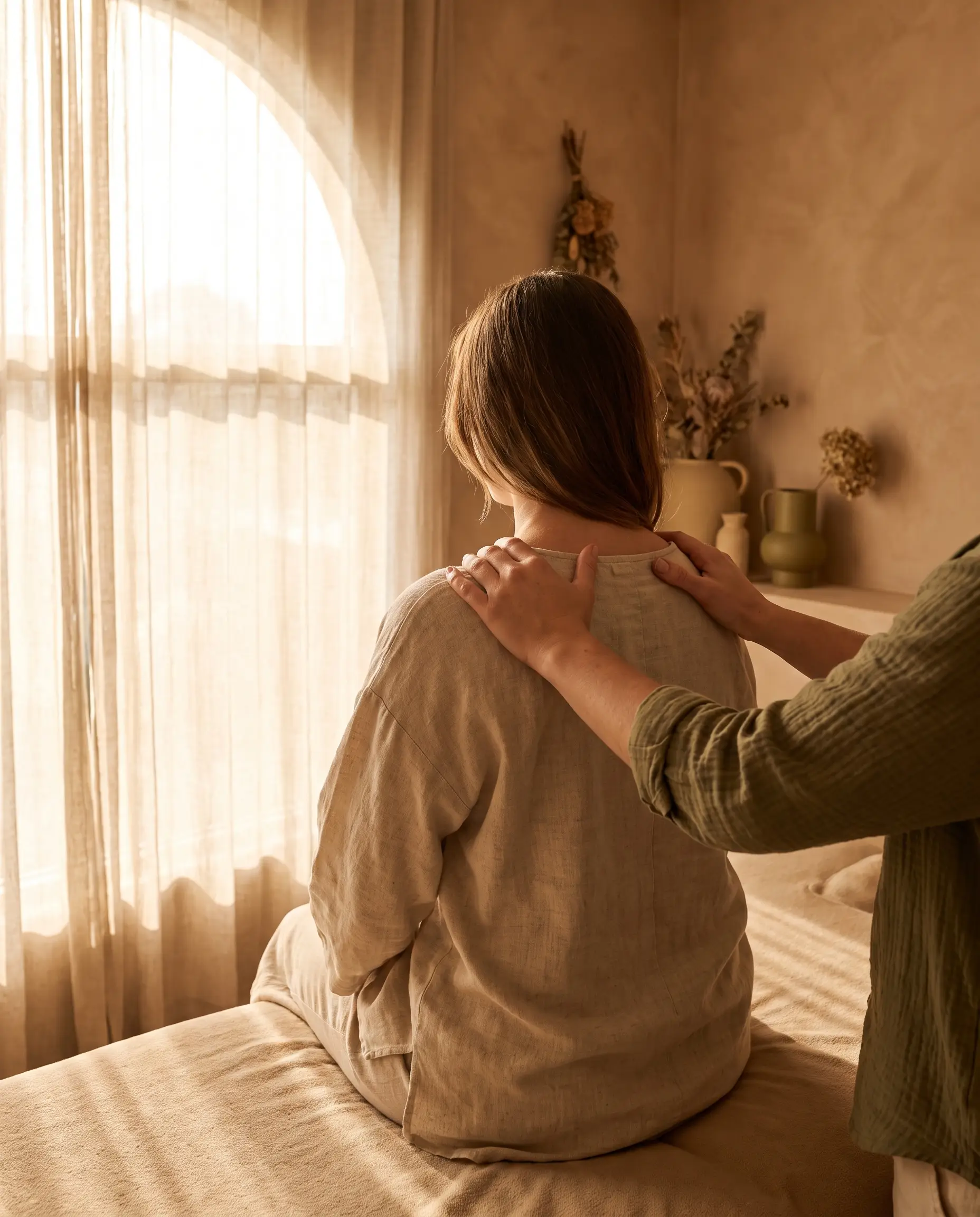 Practitioner's hands on a client's shoulder