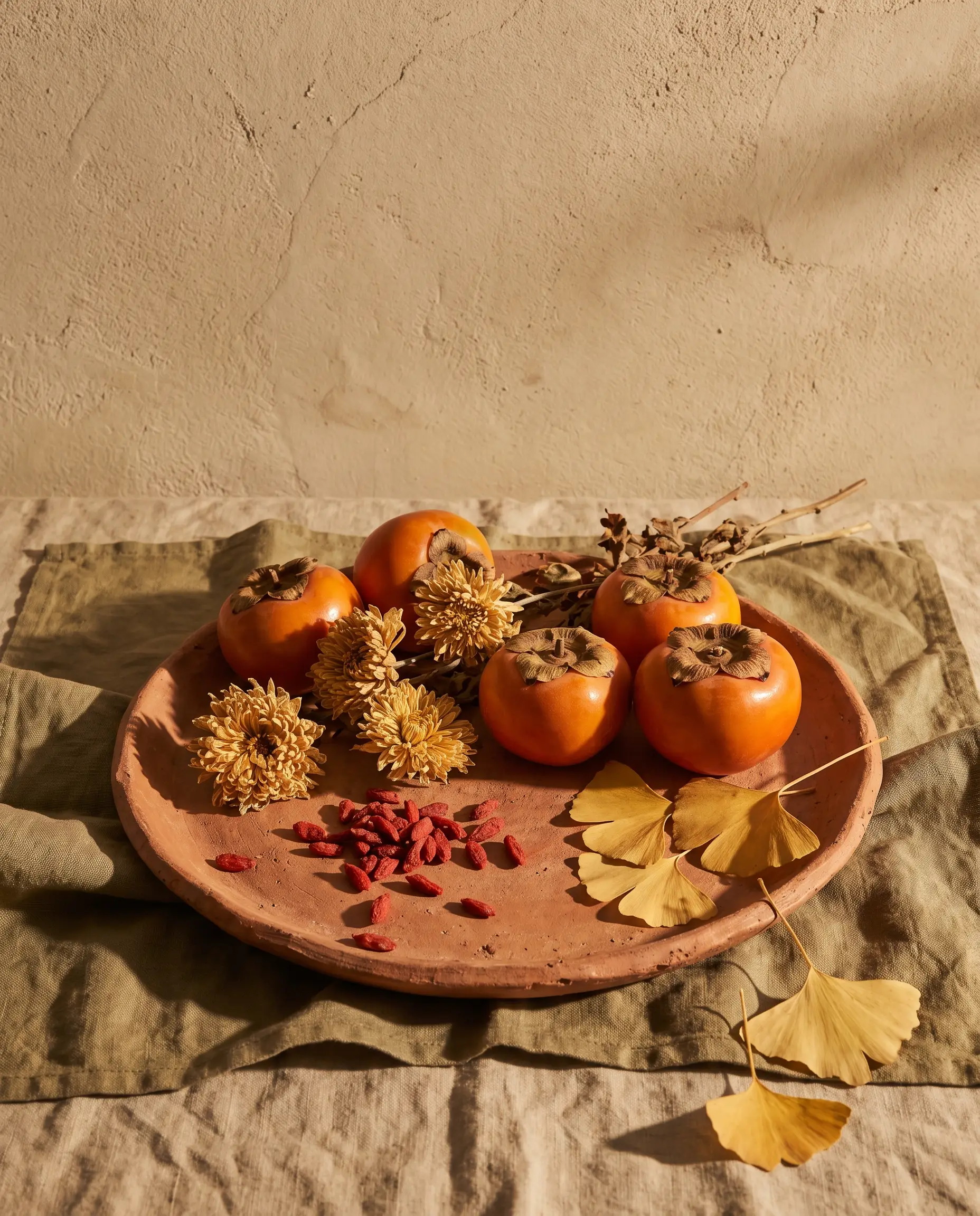 Persimmons, chrysanthemum and ginkgo leaves on a clay plate