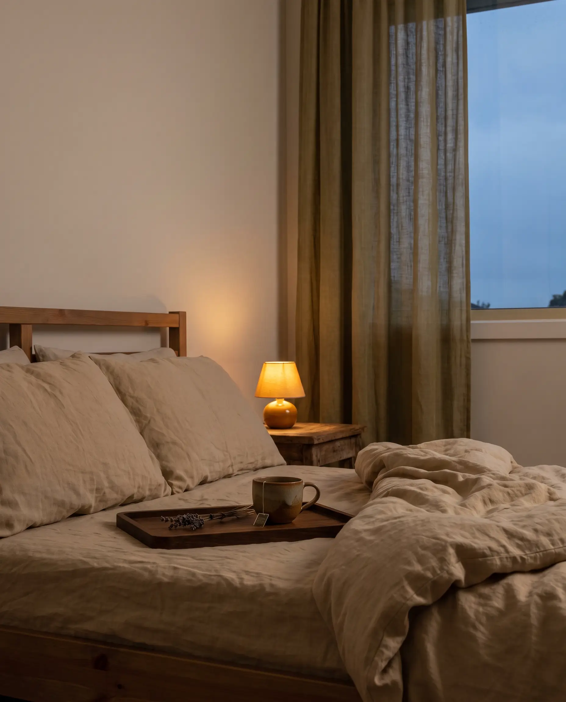 Linen bedding with chamomile tea and lavender at dusk