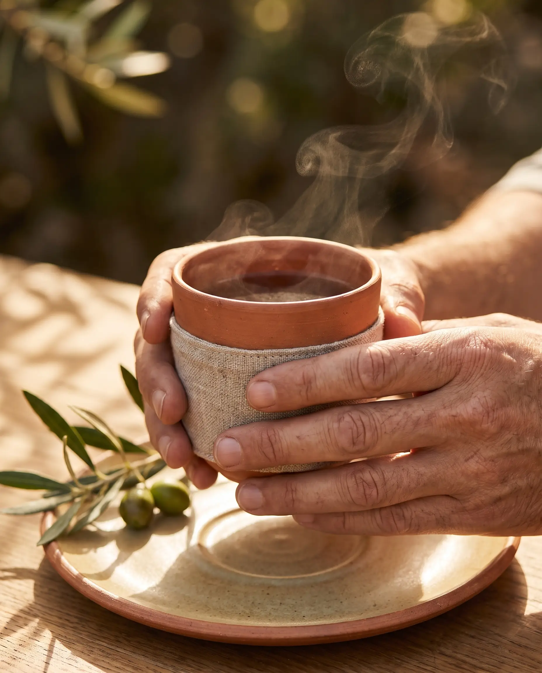 Hands holding a warm clay tea cup